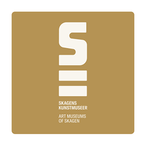 Logo of Skagen Art Museum's with the name in white on a gold background.