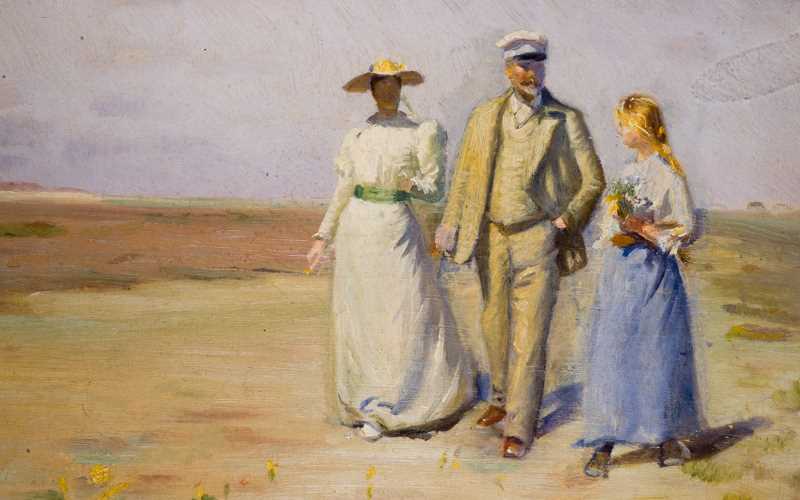 Painting of a man and two women going for a walk on the moor.