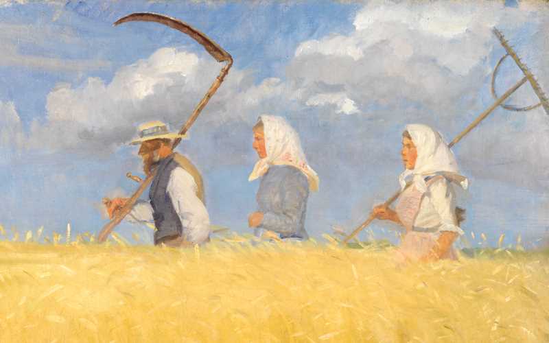 A painting of a man and two women waling in a field, ready for harvesting.
