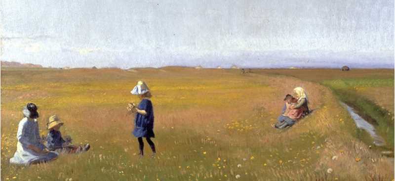 painting of children in a field picking flowers